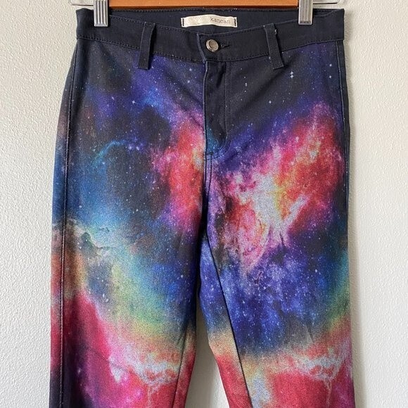 KanCan Skinny Stretch Black Rainbow Galaxy Astronomy Space Mid Rise Jeans Size 1 - Picture 2 of 14